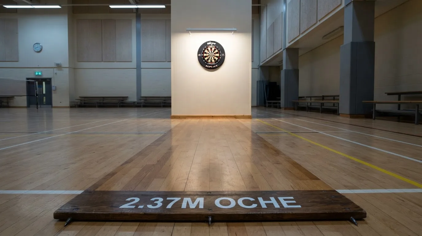 Eine Wurflinie aus Holz auf dem Hallenboden, im Hintergrund in der Ferne eine Dartscheibe an der Wand.