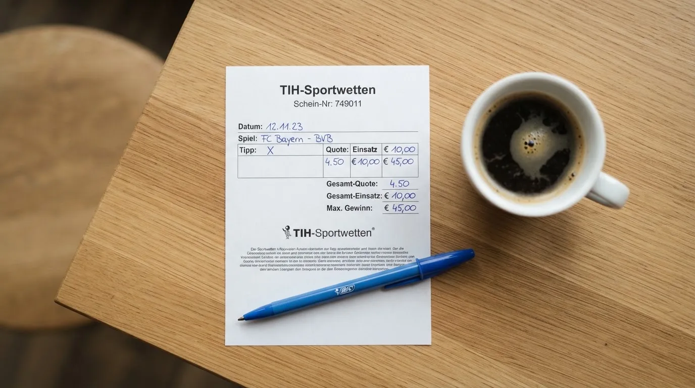 Ein leerer Wettschein aus Papier liegt neben einem Kugelschreiber und einer Tasse auf einem hellen Holztisch.