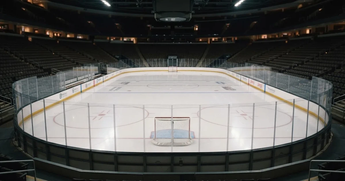 Eine Eishockeyhalle von der Tribüne aus gesehen, spiegelglatte Eisfläche, Banden ohne Schriftzüge, helles Flutlicht.