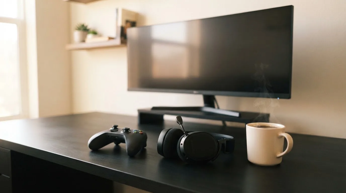 Ein Gamepad und ein Headset liegen auf einem Schreibtisch neben einer Tasse, der Bildschirm im Hintergrund ist ausgeschaltet.