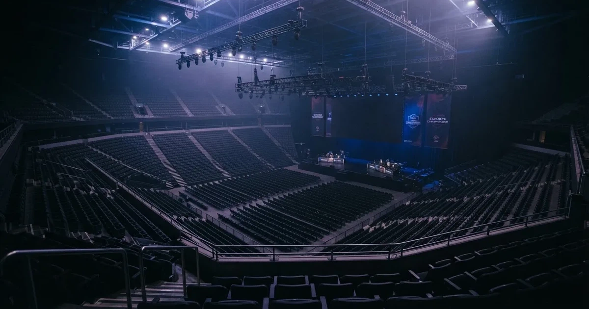 Eine große leere Arena mit Bühne und Stuhlreihen im Halbdunkel, von einem oberen Rang aus gesehen, alle Bildschirme ausgeschaltet.