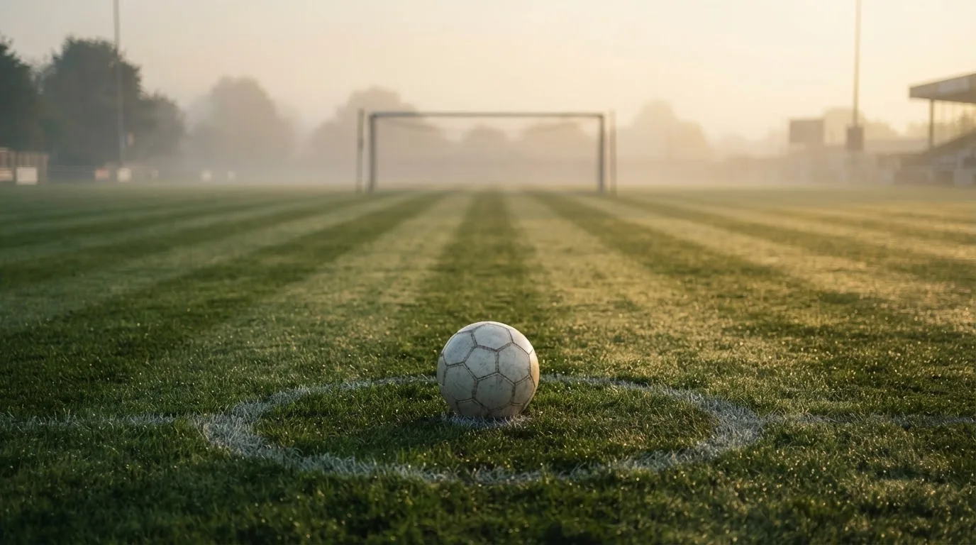 Ein Fußball liegt auf dem Elfmeterpunkt eines leeren Rasenplatzes, im Hintergrund unscharf ein Tor im Morgendunst.