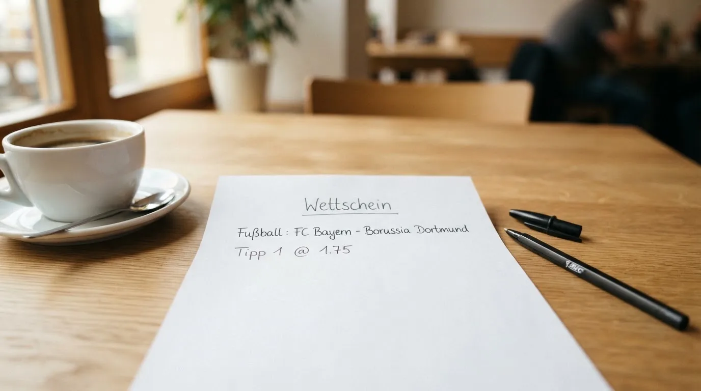 Ein leerer Wettschein aus Papier liegt neben einem Kugelschreiber und einer Tasse auf einem hellen Holztisch.
