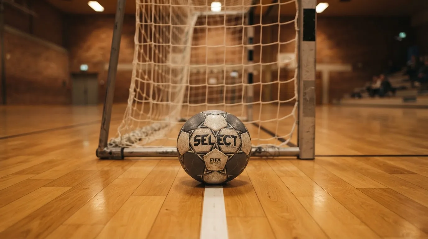 Ein kleiner schwerer Ball liegt in einer Halle auf dem Parkett vor einem Tor, warmes Licht aus den Deckenstrahlern.