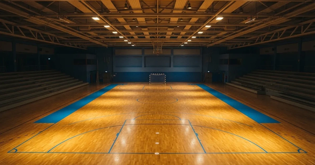 Eine leere Sporthalle mit hellem Hallenboden, kleinen Toren an beiden Enden und blauen Linien, Licht fällt von oben.