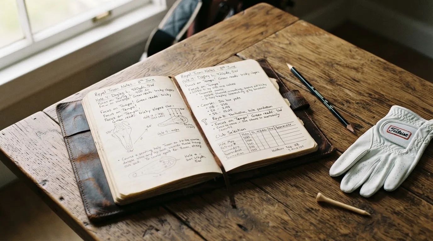 Ein Notizbuch mit handschriftlichen Notizen und ein Bleistift liegen neben einem Golfhandschuh und einem Tee auf einem Holztisch.
