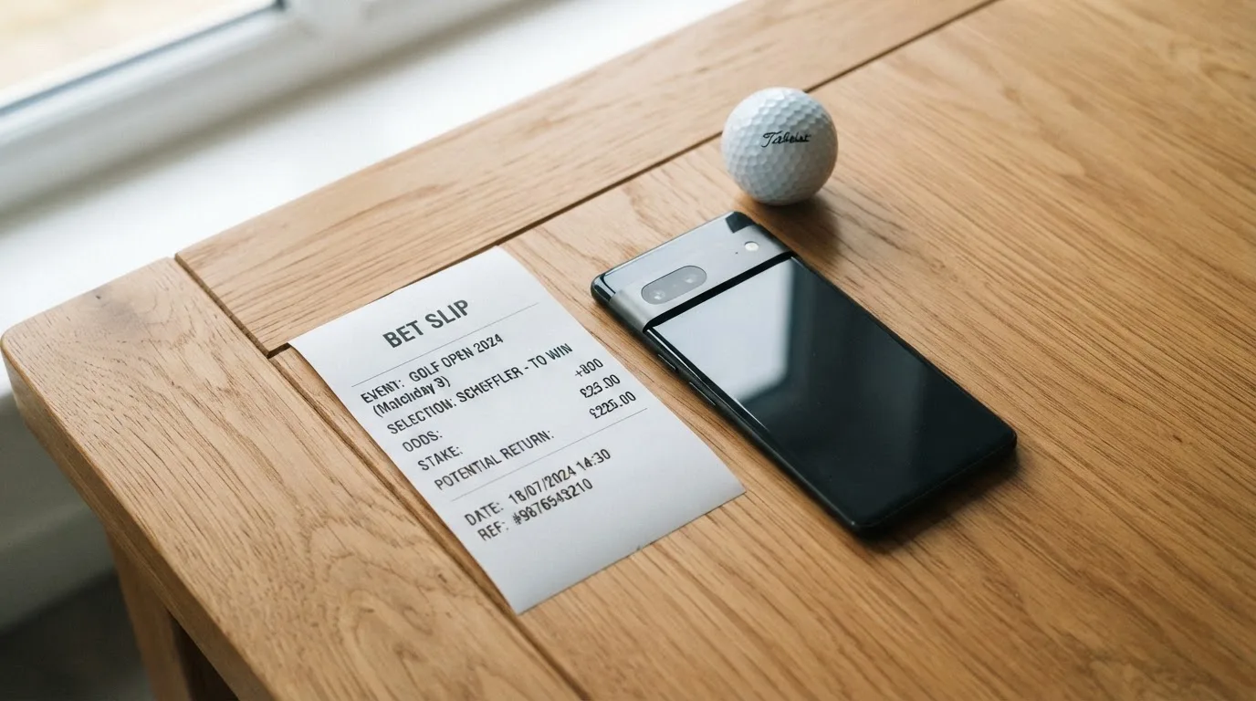 Ein leerer Wettschein aus Papier liegt neben einem Smartphone mit dunklem Display auf einem Tisch, daneben ein einzelner Golfball.