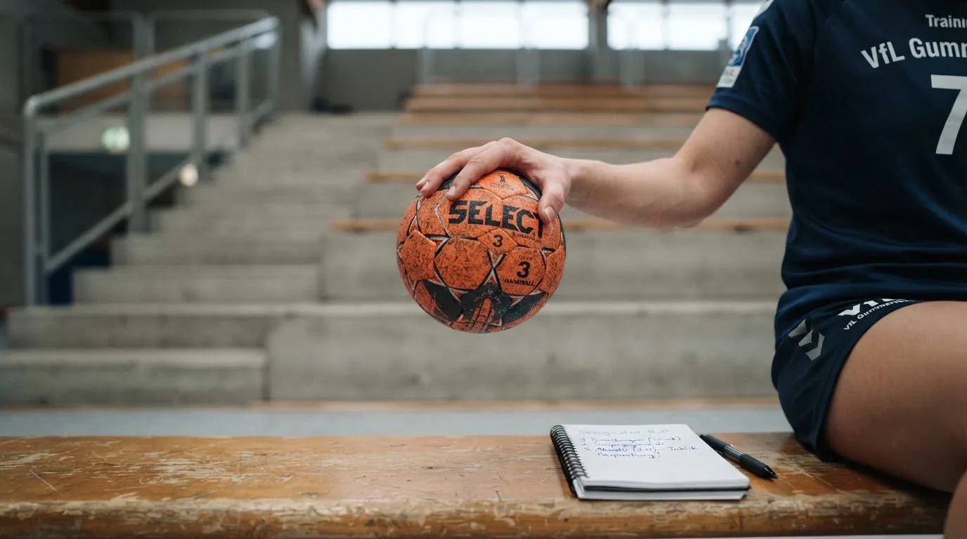 Eine Hand hält einen Handball, im Hintergrund eine unscharfe Tribüne, daneben liegt ein Notizblock auf einer Bank.