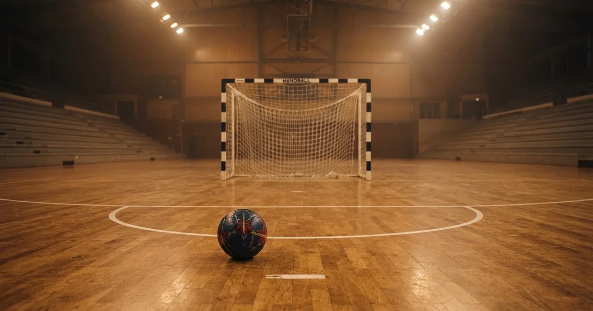 Ein Handball liegt auf dem Hallenboden vor einem Tor mit Netz, die leere Halle wird von Flutlicht beleuchtet.