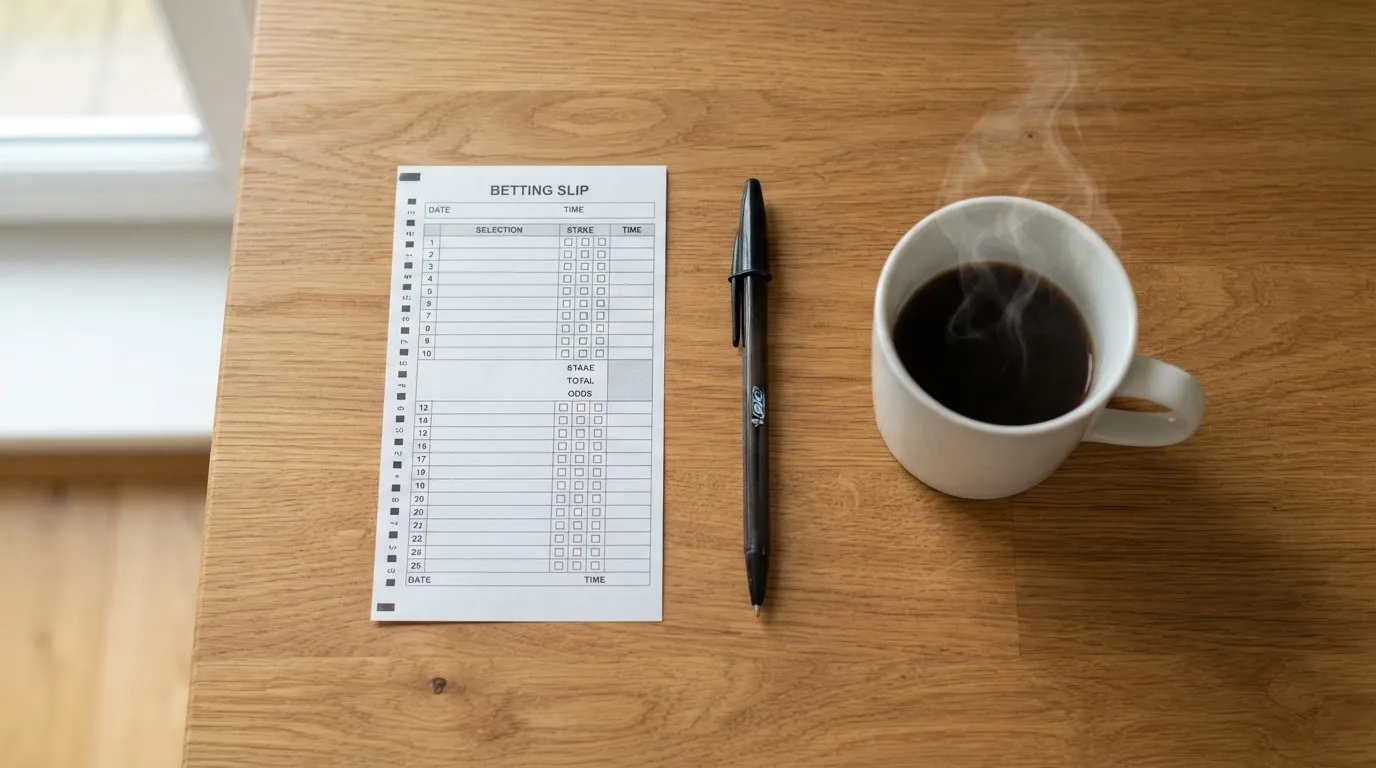 Ein leerer Wettschein aus Papier und ein Kugelschreiber liegen auf einem Schreibtisch neben einer Tasse Kaffee im Tageslicht.