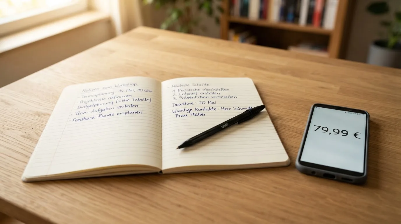 Ein Notizbuch mit handschriftlichen Notizen und ein Stift liegen auf einem Holztisch neben einem Smartphone mit dunklem Bildschirm.