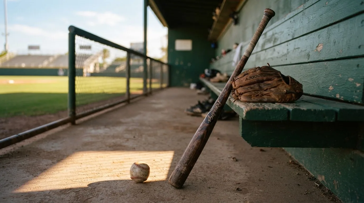 Ein Baseballschläger lehnt an einer Bank im Dugout, daneben liegen ein Handschuh und ein Ball im Licht der Nachmittagssonne.