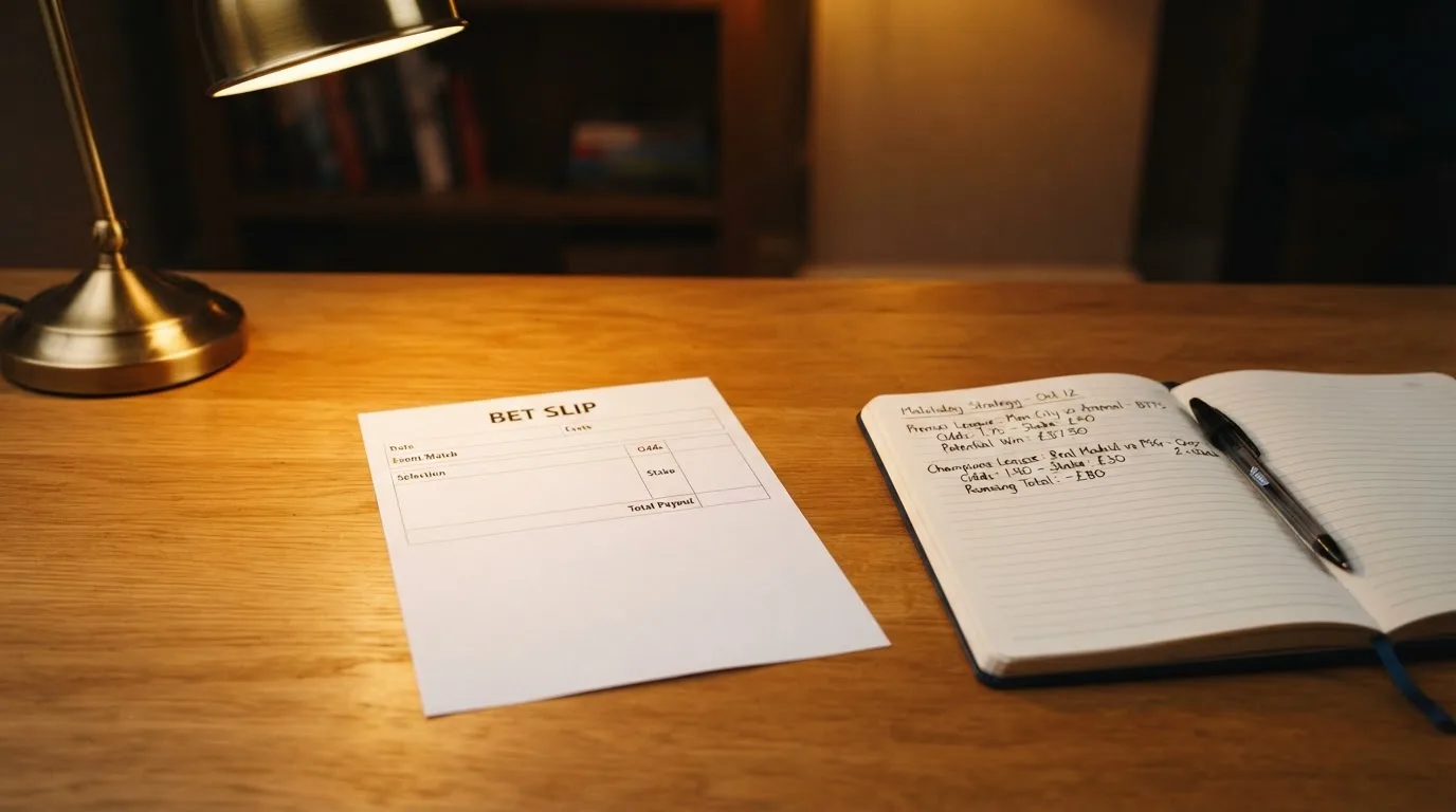 Ein leerer Wettschein aus Papier liegt neben einem Notizbuch und einem Stift auf einem aufgeräumten Schreibtisch.