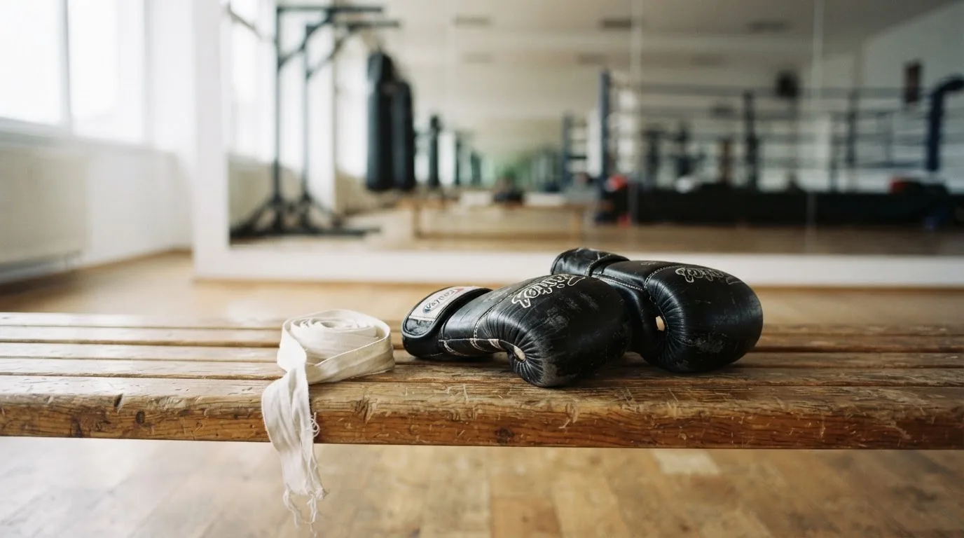 Ein Paar Kampfhandschuhe und eine Bandage liegen auf einer Holzbank in einem Trainingsraum mit Spiegelwand.