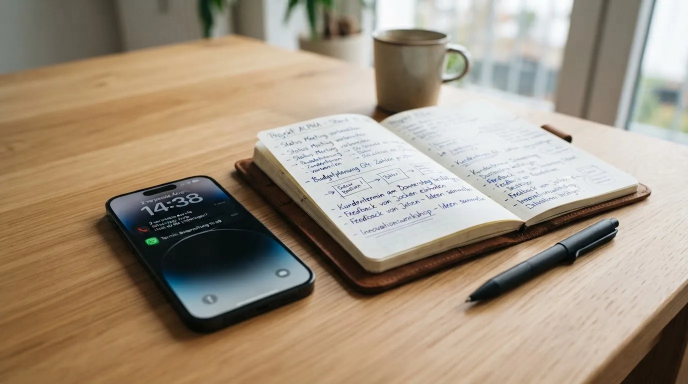 Ein Smartphone mit dunklem Display liegt neben einem Notizbuch und einem Kugelschreiber auf einem Tisch.