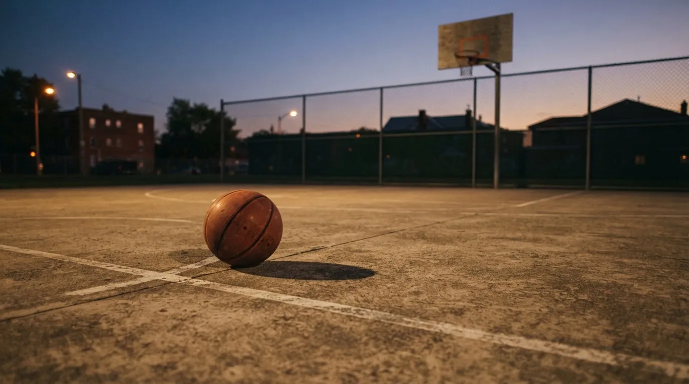 Ein Basketball rollt auf einem Freiluftplatz in der Abenddämmerung zu einem Korb, die Straßenlaternen leuchten bereits.