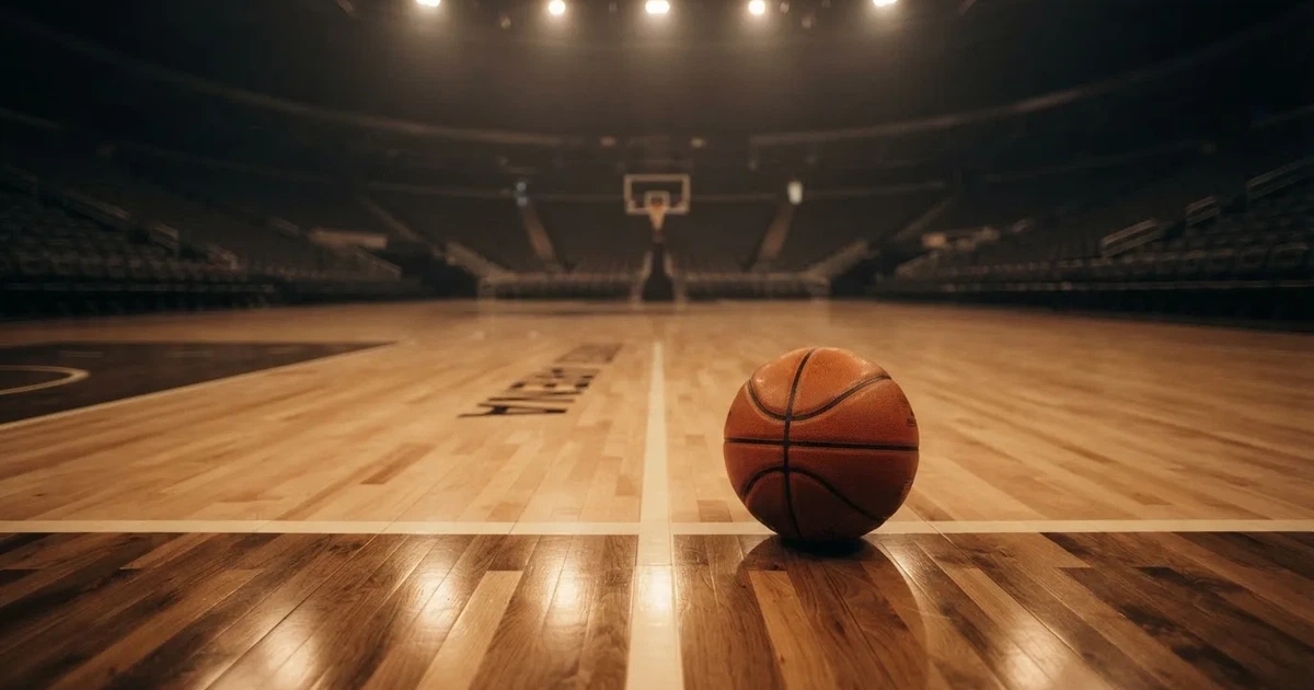 Ein Basketball liegt auf dem Parkettboden einer leeren Arena, Scheinwerfer werfen Licht auf die Mittellinie.