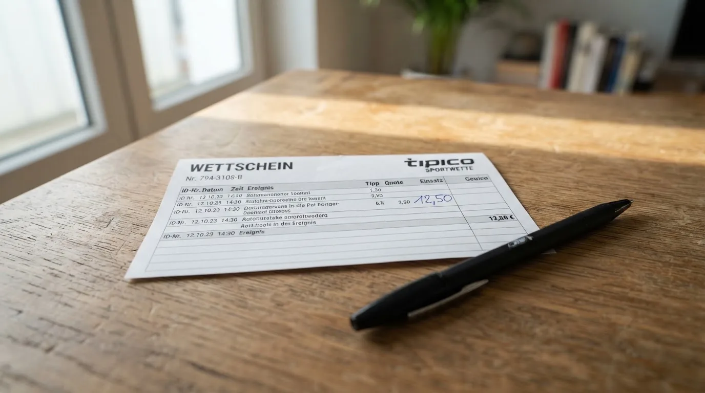 Ein leerer Wettschein aus Papier liegt neben einem Kugelschreiber auf einem Schreibtisch im Tageslicht.