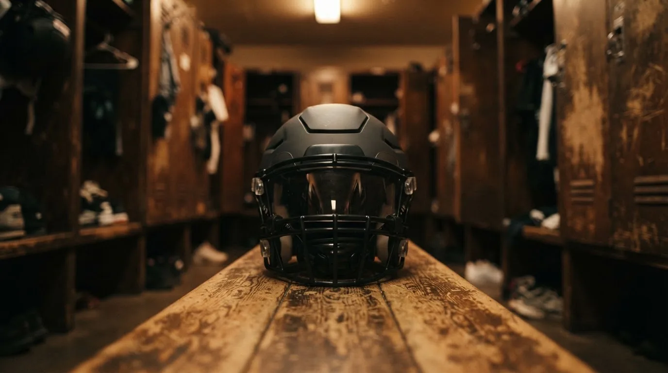 Ein neutraler Footballhelm ohne Aufdruck steht auf einer Holzbank in einer Umkleidekabine.