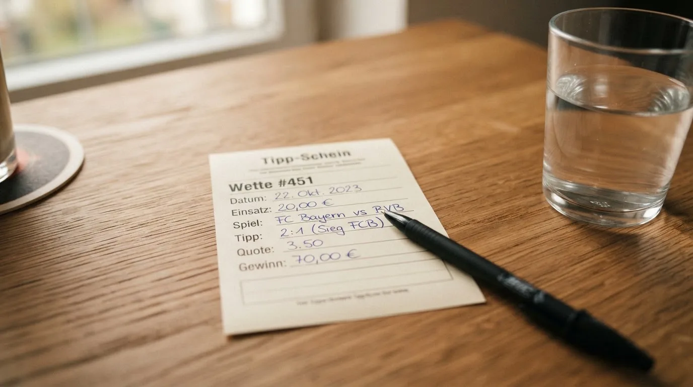 Ein leerer Wettschein aus Papier liegt neben einem Stift auf einem Tisch, daneben ein Glas Wasser.