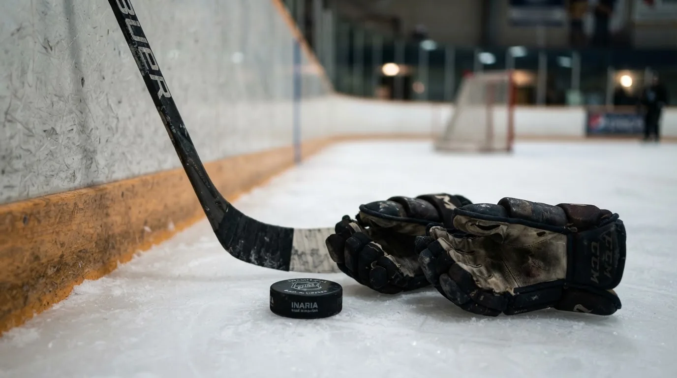 Ein Eishockeyschläger lehnt an einer Bande, daneben liegen ein Puck und ein Paar Handschuhe in einer Eishalle.
