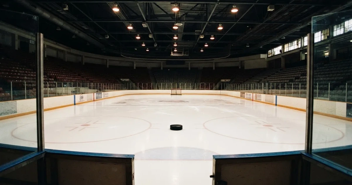 Eine leere Eisfläche in einer Halle mit Banden und Flutlicht, auf dem Eis liegt ein einzelner Puck.