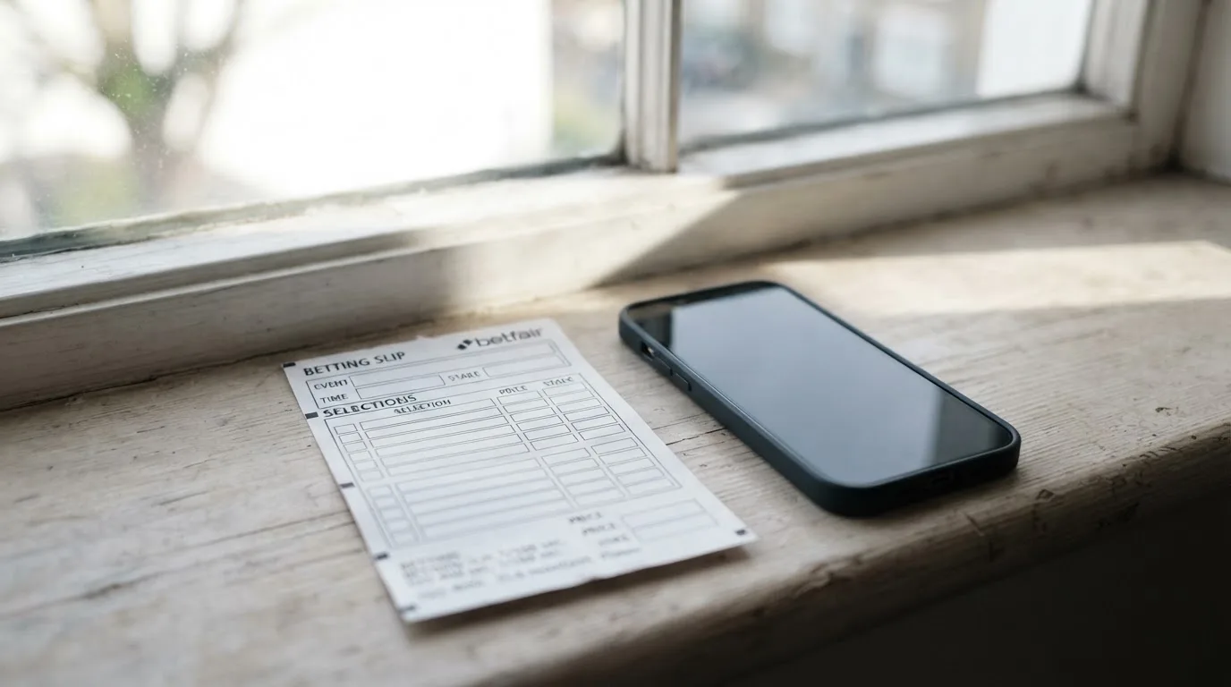 Ein leerer Wettschein aus Papier und ein Smartphone mit dunklem Display liegen auf einer Fensterbank im Tageslicht.