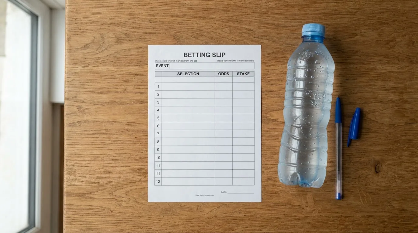 Ein leerer Wettschein aus Papier liegt neben einer Trinkflasche und einem Stift auf einem Tisch.
