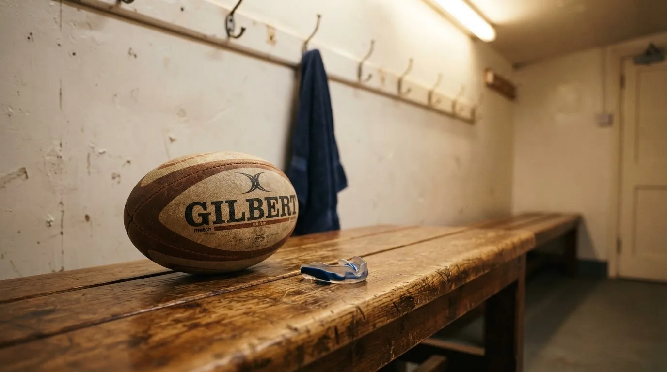 Ein Rugbyball und ein Mundschutz liegen auf einer Holzbank neben einer Reihe Kleiderhaken in einer Umkleide.