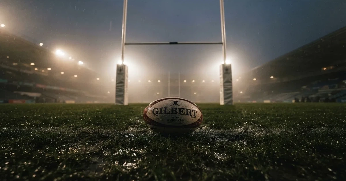 Ein ovaler Rugbyball liegt vor den hohen Torstangen auf nassem Rasen, über dem Stadion zieht Nebel auf.