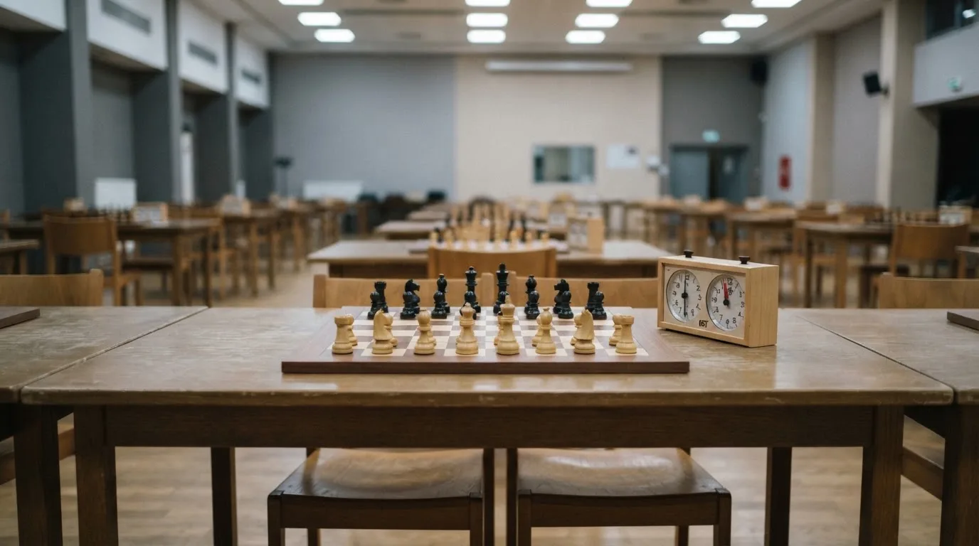 Ein Schachbrett und eine Schachuhr stehen auf einem Tisch in einem leeren Turniersaal, die Stühle sind ordentlich zurückgeschoben.