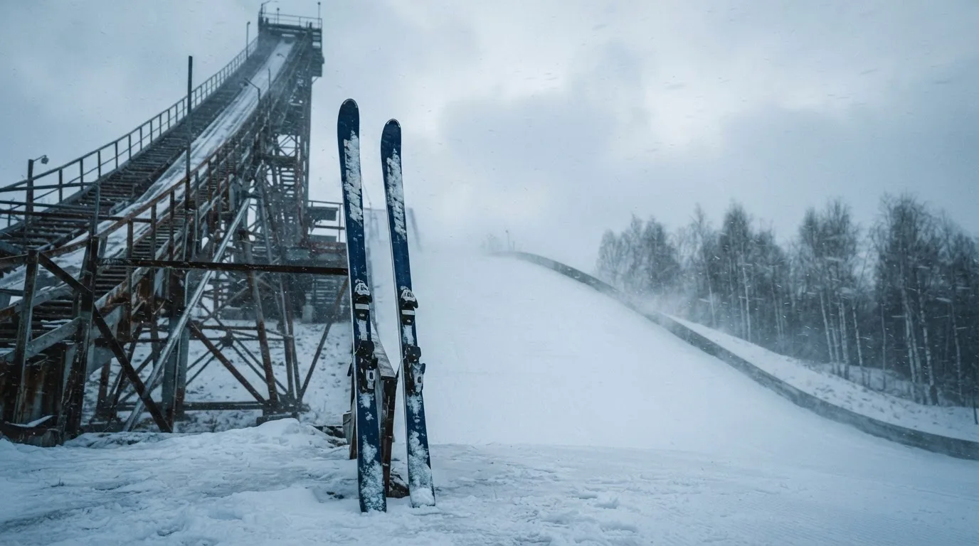 Ein Paar Skier steckt aufrecht im Schnee neben einem Anlaufturm, im Hintergrund wirbelt feiner Schnee im Wind.