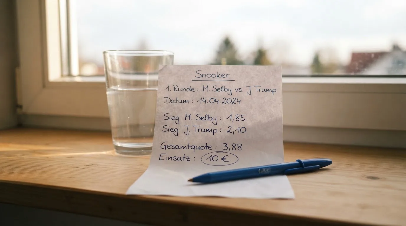 Ein leerer Wettschein aus Papier und ein Kugelschreiber liegen neben einem Glas Wasser auf einer Fensterbank.