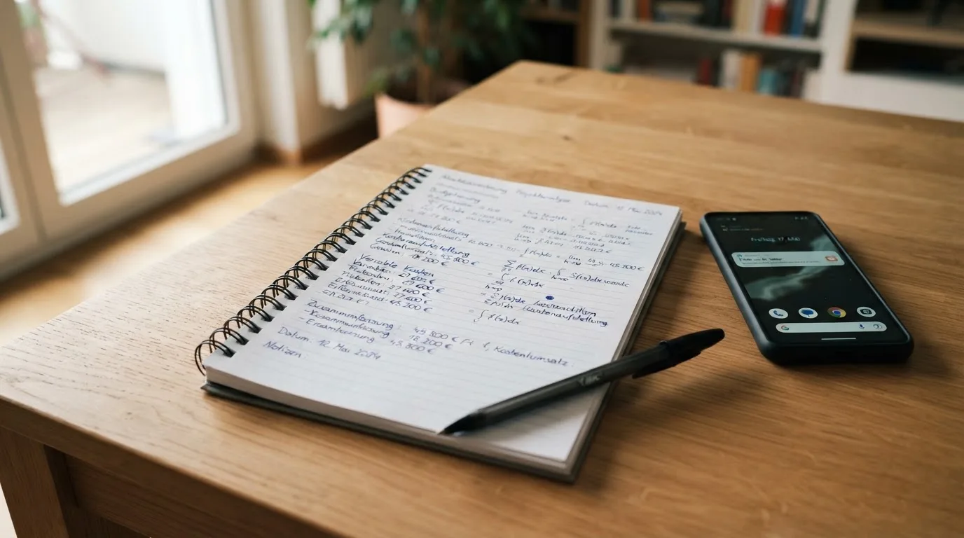 Ein aufgeschlagenes Notizbuch mit handschriftlichen Rechnungen liegt neben Stift und Smartphone auf einem Holztisch im Tageslicht.