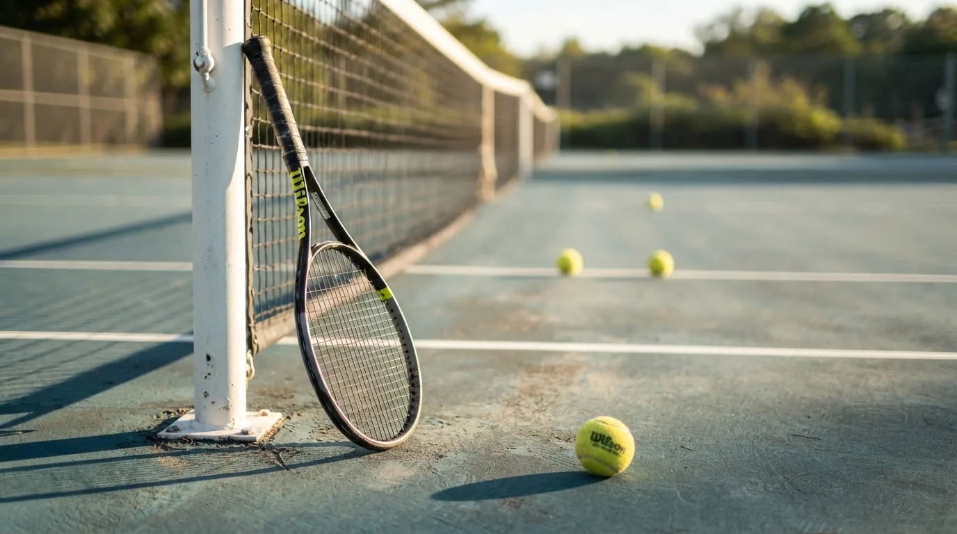 Ein Tennisschläger lehnt an einem Netzpfosten, daneben liegen drei Bälle auf einem Hartplatz in warmem Nachmittagslicht.