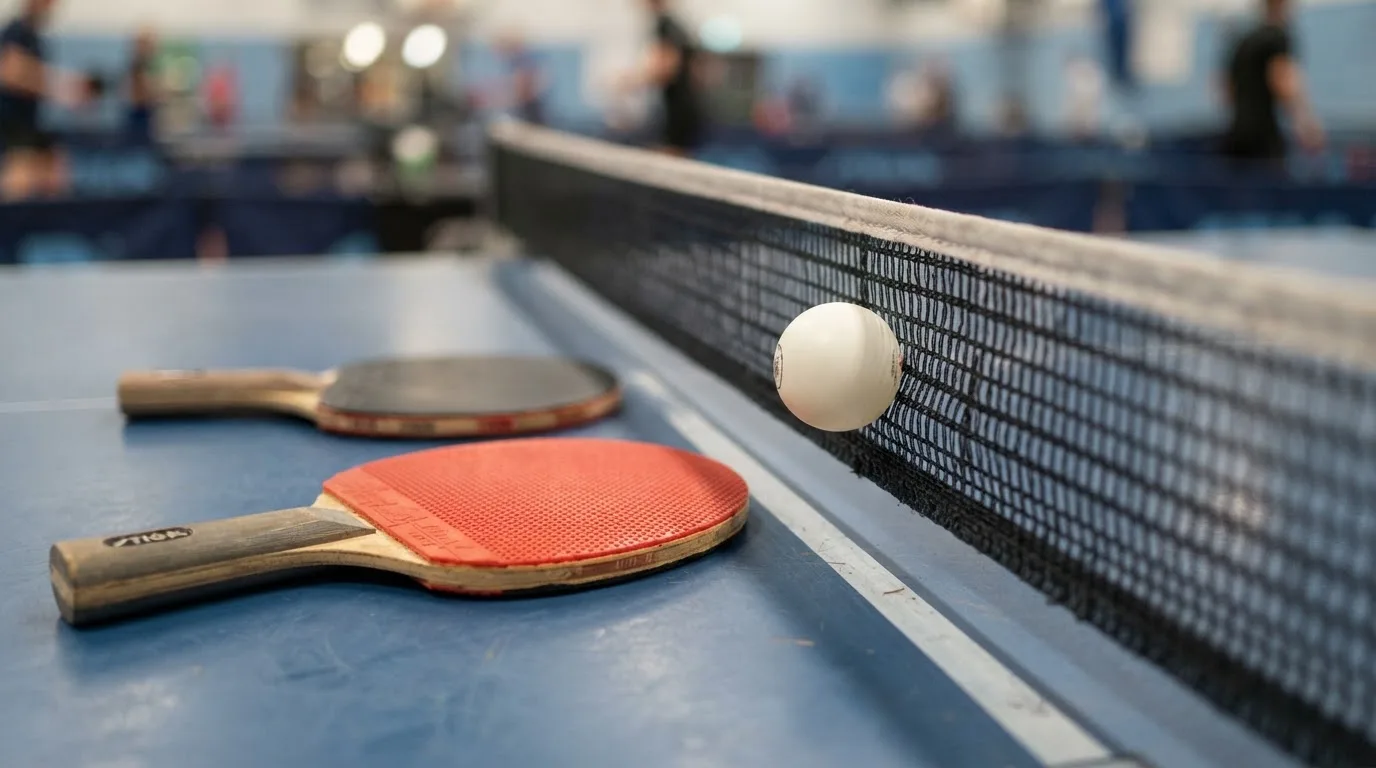 Ein weißer Ball liegt in Nahaufnahme auf der Netzkante einer Tischtennisplatte, daneben zwei Holzschläger mit rotem und schwarzem Belag.
