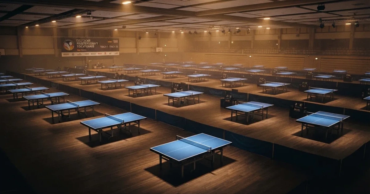 Eine Tischtennishalle aus erhöhter Perspektive mit mehreren blauen Tischen in Reihen unter gedämpftem Hallenlicht, ohne Personen.