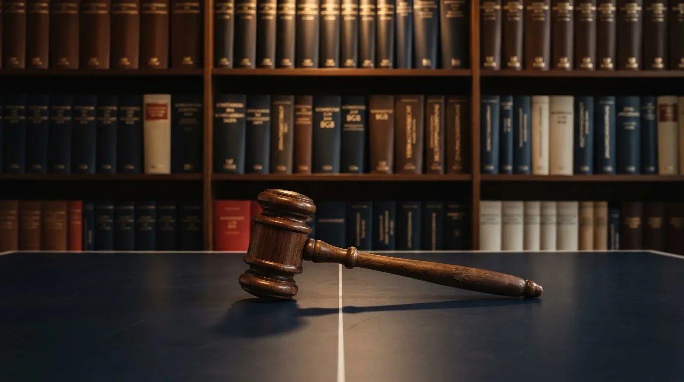 Ein Richterhammer aus Holz liegt auf einer polierten Tischplatte, dahinter eine unscharfe Bücherwand.