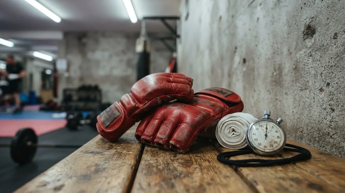 Ein Paar Kampfhandschuhe und eine Stoppuhr liegen auf einer Bank im Trainingsraum neben einer aufgerollten Handbandage.