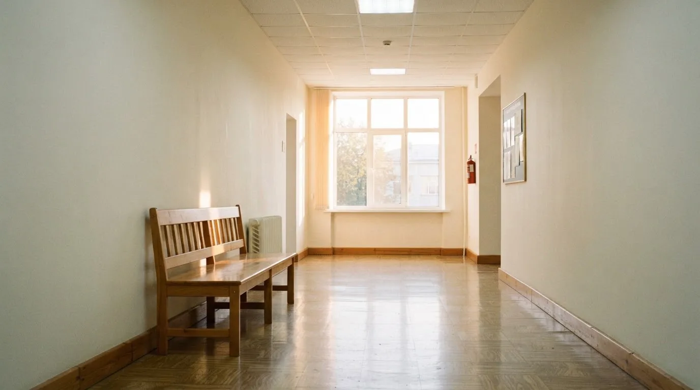 Ein heller Flur in einem Verwaltungsgebäude mit einer leeren Holzbank und einem Fenster, durch das Morgenlicht fällt.
