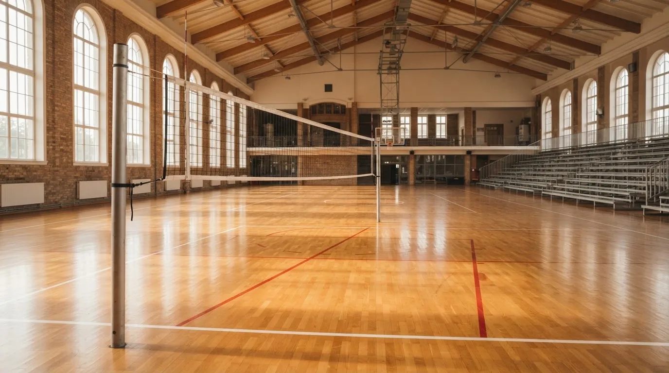 Eine leere Sporthalle mit gespanntem Volleyballnetz und glänzendem Parkett, durch hohe Fenster fällt Tageslicht.