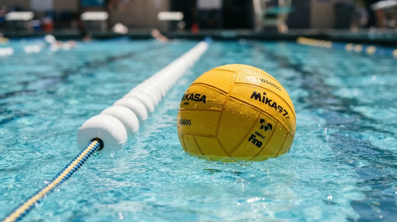 Ein gelber Wasserball treibt in Nahaufnahme auf der Wasseroberfläche neben einer Leine mit Bojen.