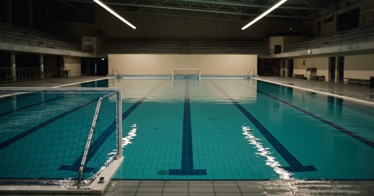 Ein Schwimmbecken mit türkisfarbenem Wasser und zwei schwimmenden Torrahmen am gegenüberliegenden Beckenrand, menschenleer unter Hallenlicht.