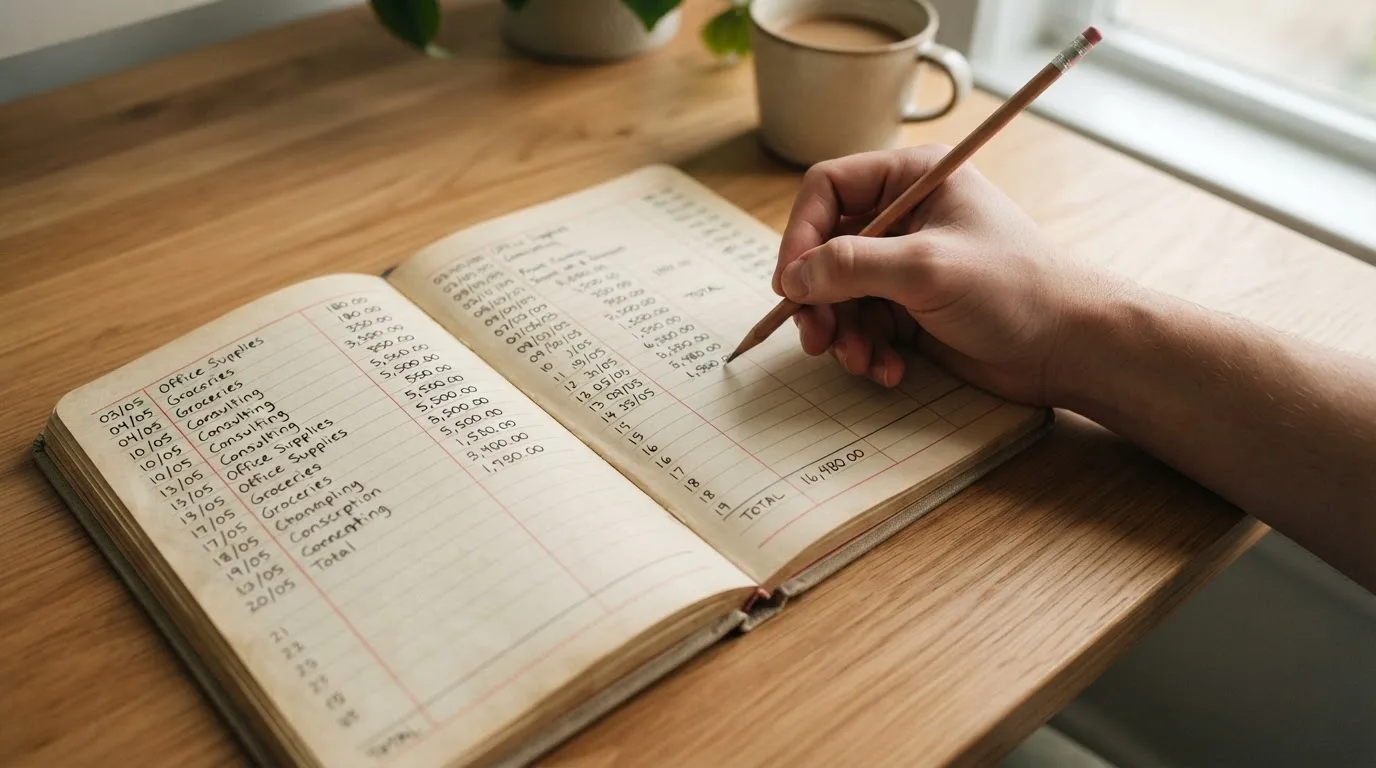 Ein Notizbuch mit handschriftlichen Spalten und einem Bleistift liegt auf einem Schreibtisch neben einem Taschenrechner.