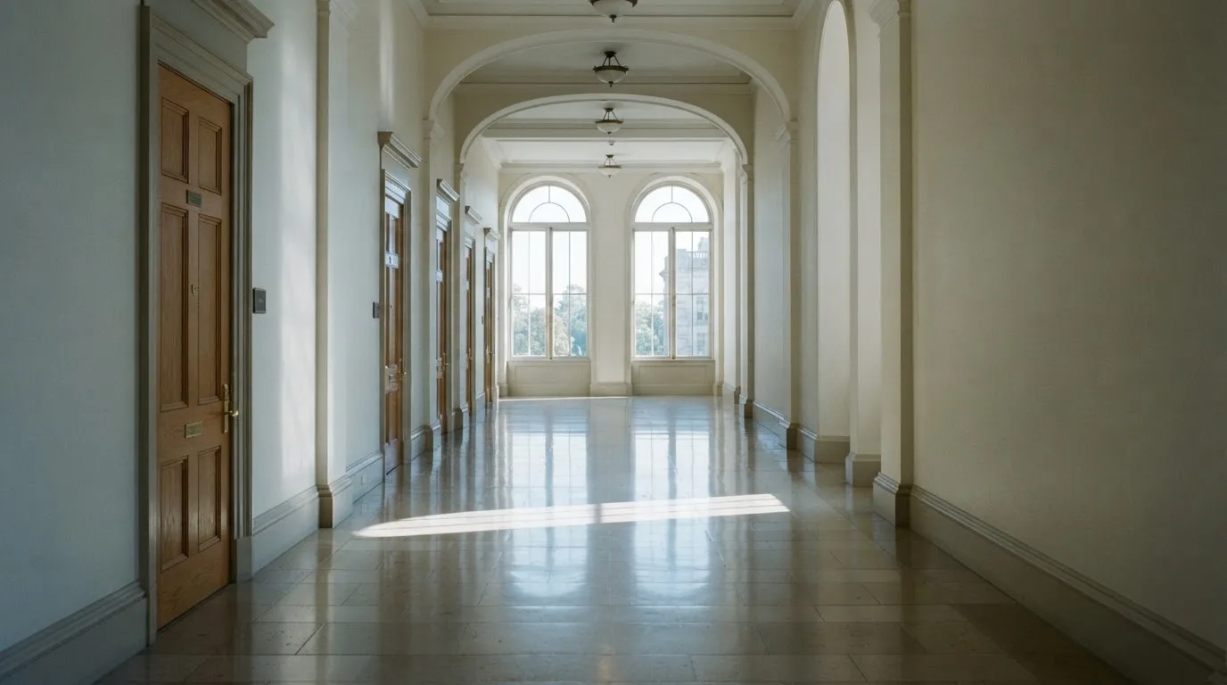 Ein leerer Amtsflur mit hohen Fenstern und glänzendem Steinboden, durch die Fenster fällt das Licht eines Vormittags.