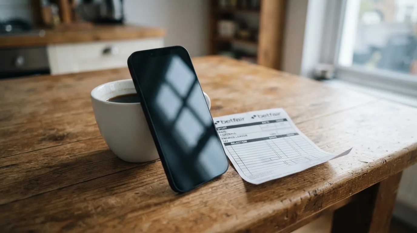 Ein Smartphone mit dunklem Bildschirm lehnt an einer Kaffeetasse auf einem Holztisch, daneben ein blanker Papier-Wettschein.