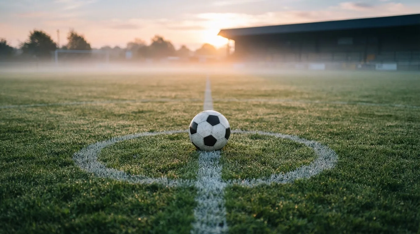 Ein Fußball liegt auf dem Anstoßpunkt eines Rasenplatzes im ersten Morgenlicht, Tau glänzt auf dem Gras.