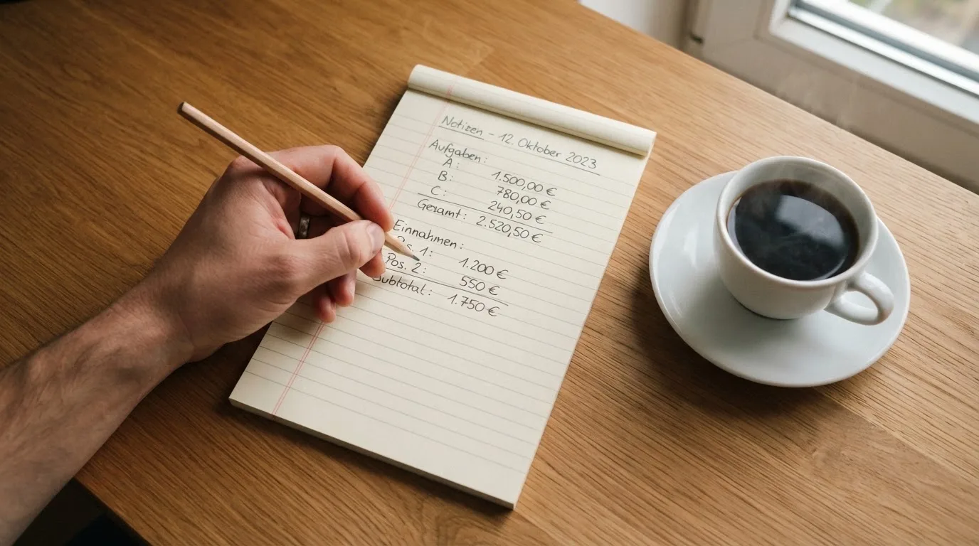 Ein Taschenrechner und ein Bleistift liegen auf einem handbeschriebenen Notizblock neben einer Tasse Kaffee.