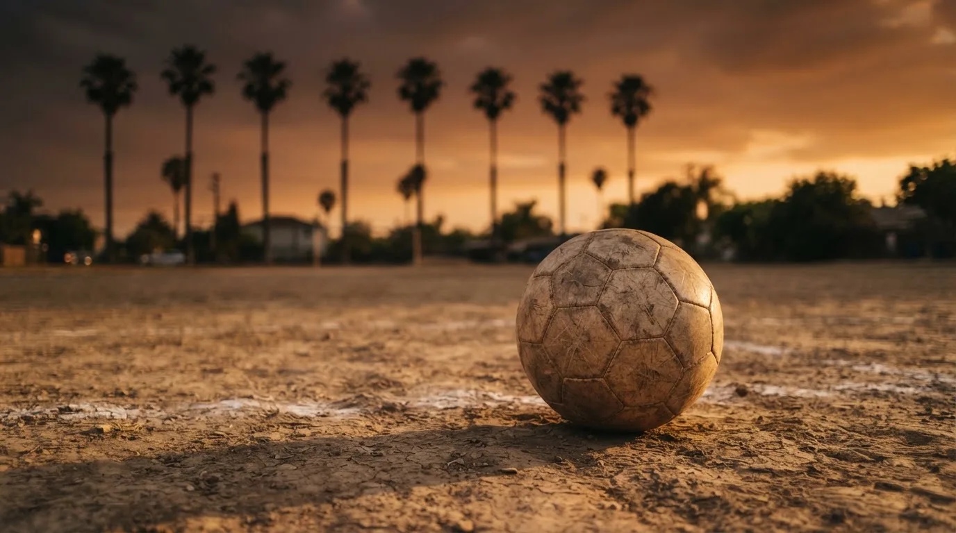 Ein Fußball liegt auf einem staubigen Bolzplatz mit Palmen im Hintergrund in warmem Abendlicht.