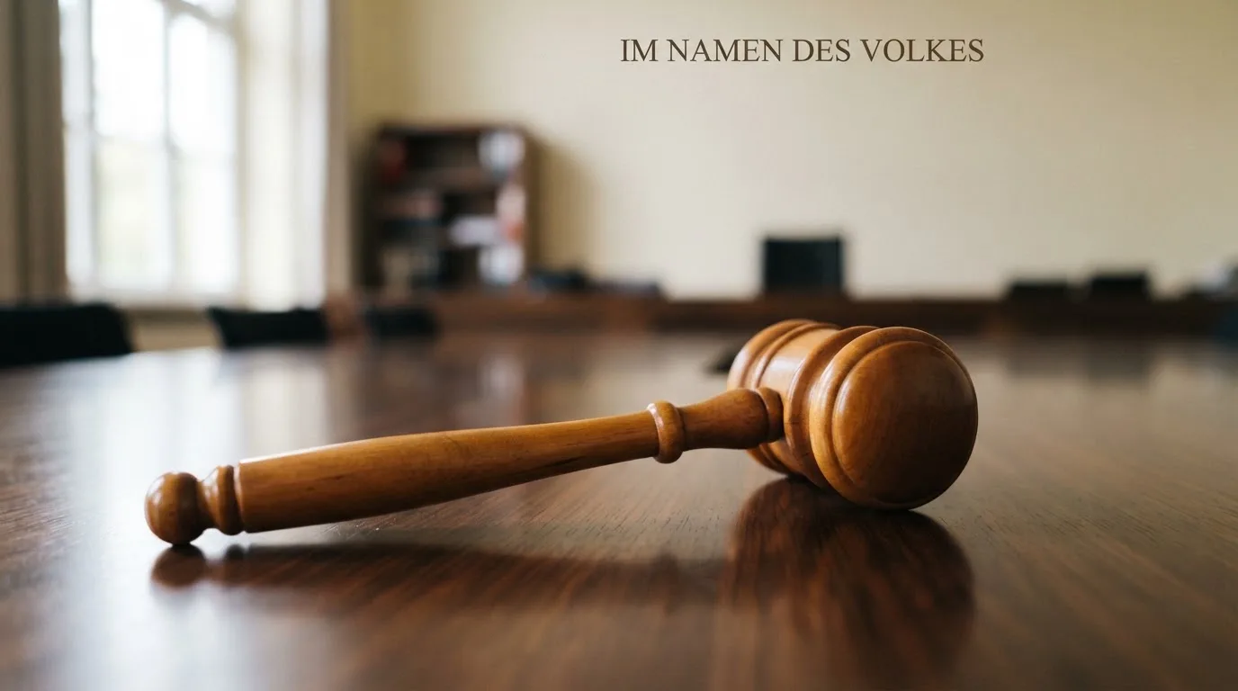 Ein Richterhammer aus Holz liegt auf einer polierten Tischplatte, dahinter verschwimmt ein heller Raum.